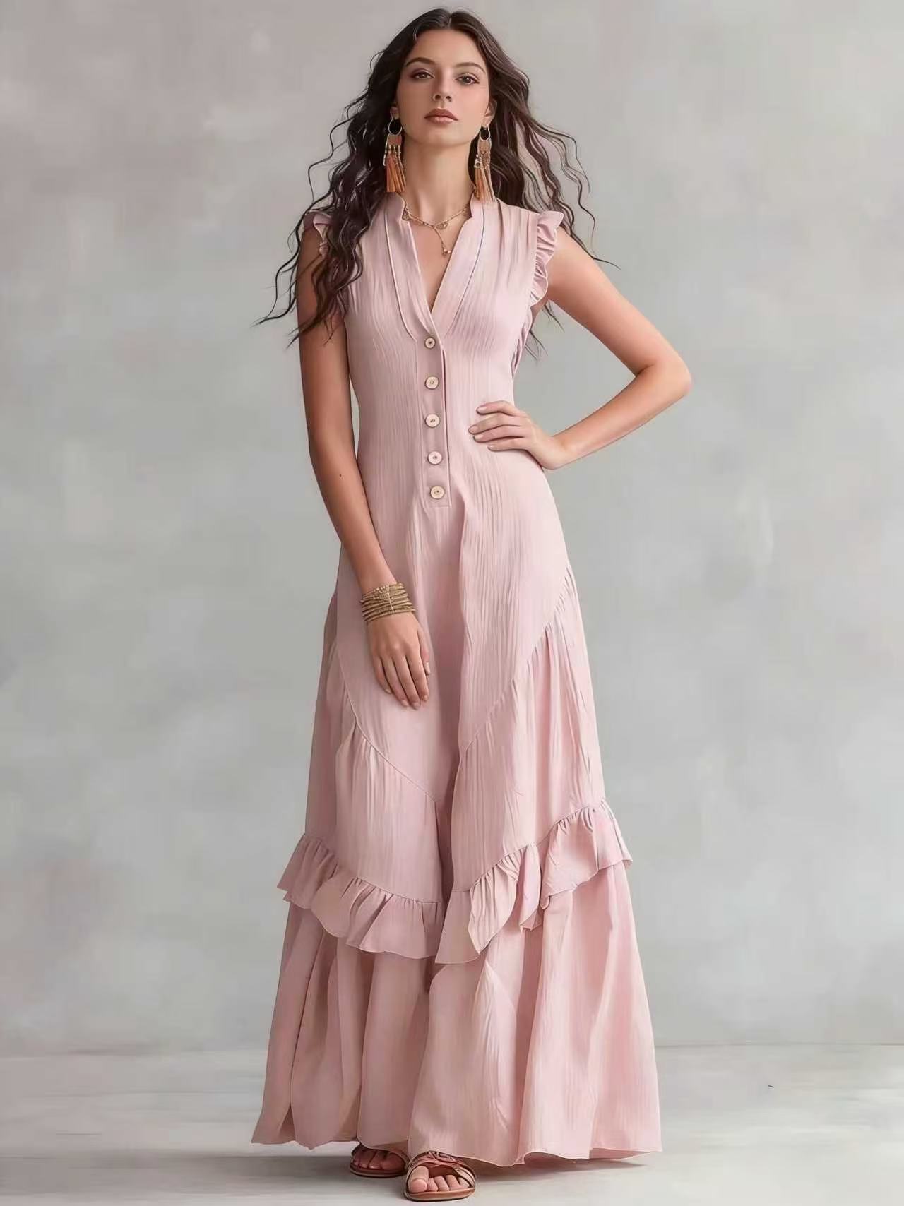 Boho Flowy Sleeveless Maxi Dress V-Neck Button-Front Ruffle Hem A-Line Skirt